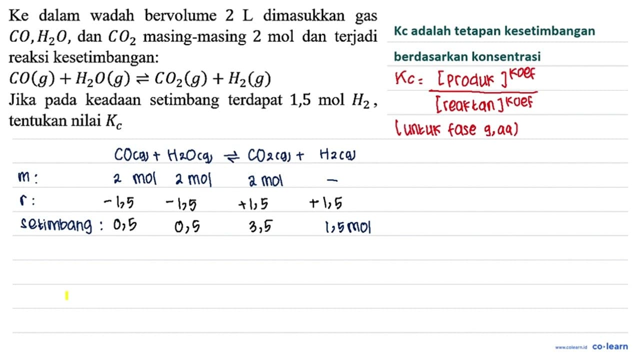 Ke dalam wadah bervolume 2 L dimasukkan gas CO, H2O, dan