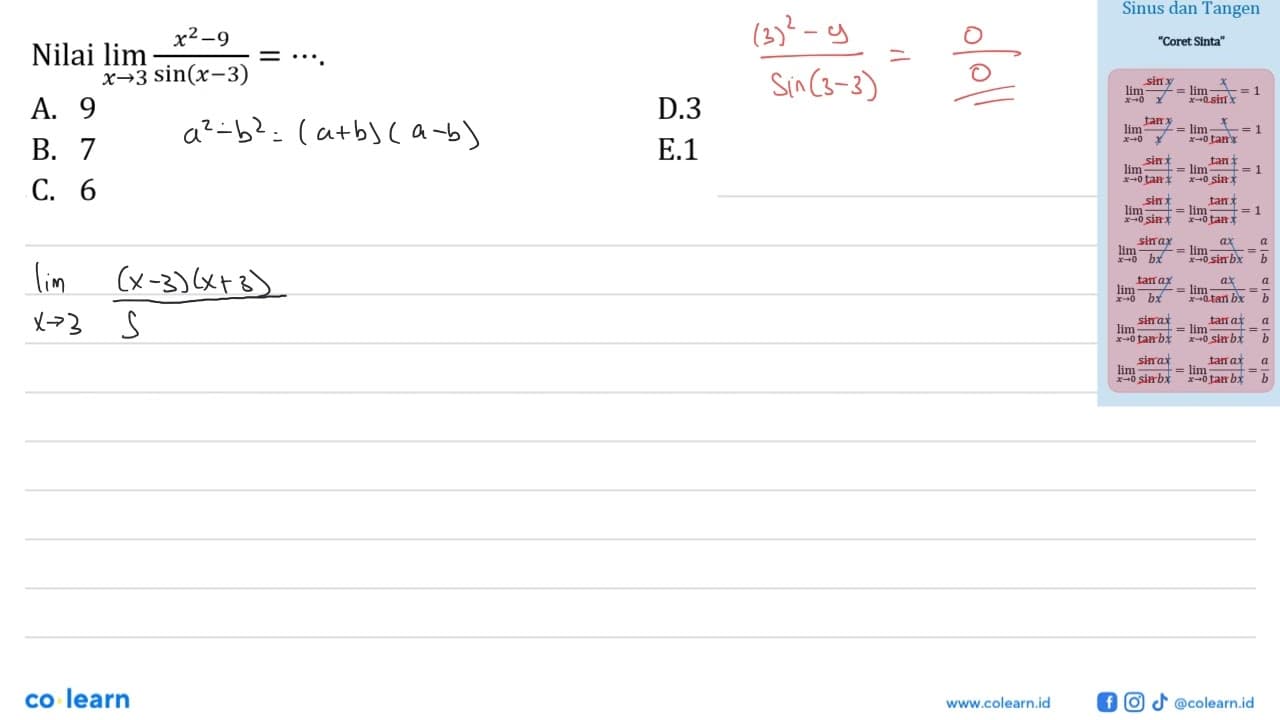 Nilai limit x -> x^2-9/sin(x-3)=...