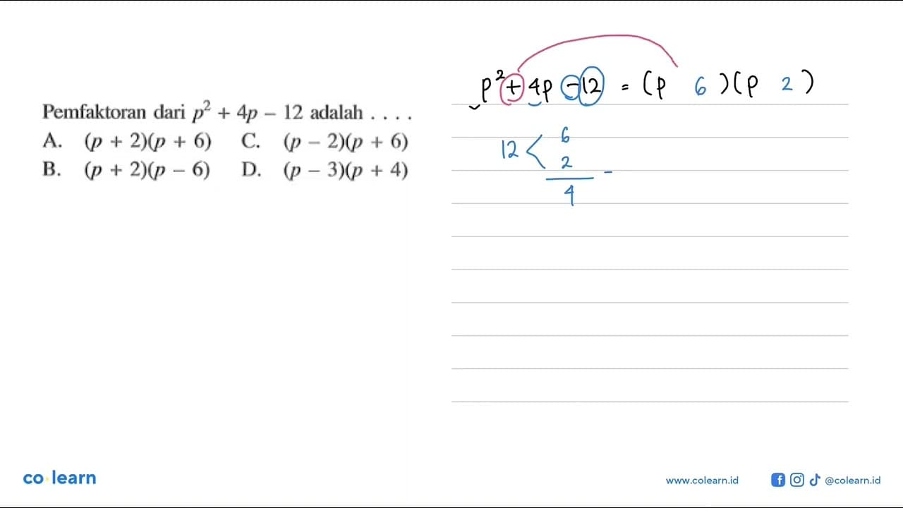 Pemfaktoran dari p^2 + 4p - 12 adalah... A. (p + 2)(p + 6)