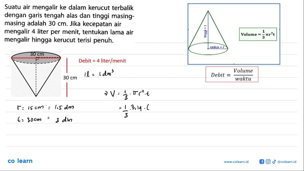 Suatu air mengalir ke dalam kerucut terbalik dengan garis