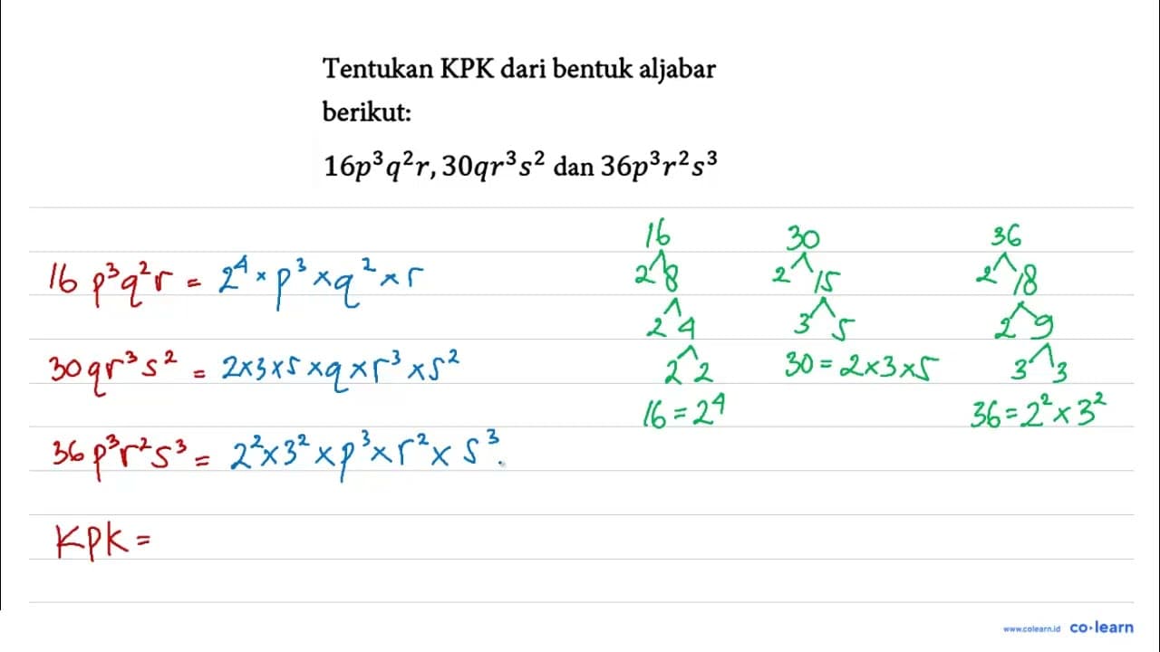 Tentukan KPK dari bentuk aljabar berikut: 16 p^(3) q^(2) r,