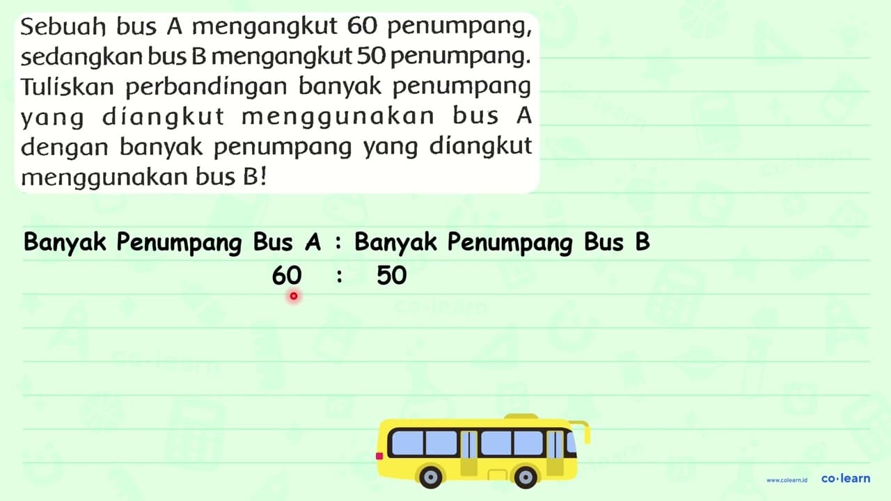 Sebuah bus A mengangkut 60 penumpang, sedangkan bus B