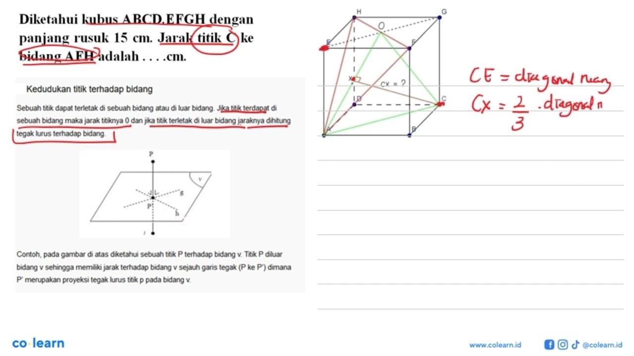 Diketahui kubus ABCDEFGH dengan panjang rusuk 15 cm Jarak