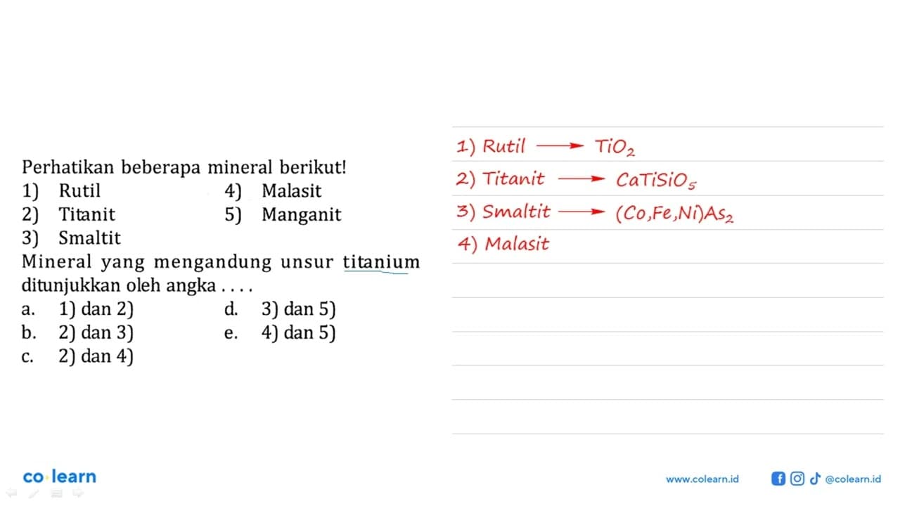 Perhatikan beberapa mineral berikut! 1) Rutil 4) Malasit 2)