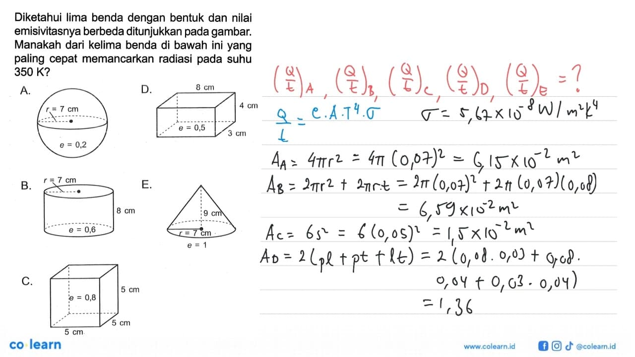 Diketahui lima benda dengan bentuk dan nilai emisivitasnya