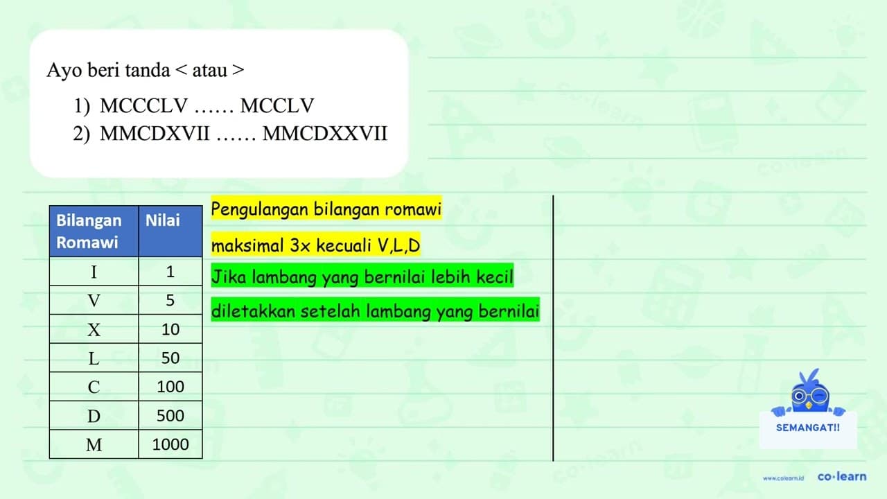 Ayo beri tanda < atau > 1) MCCCLV ...... MCCLV 2) MMCDXVII