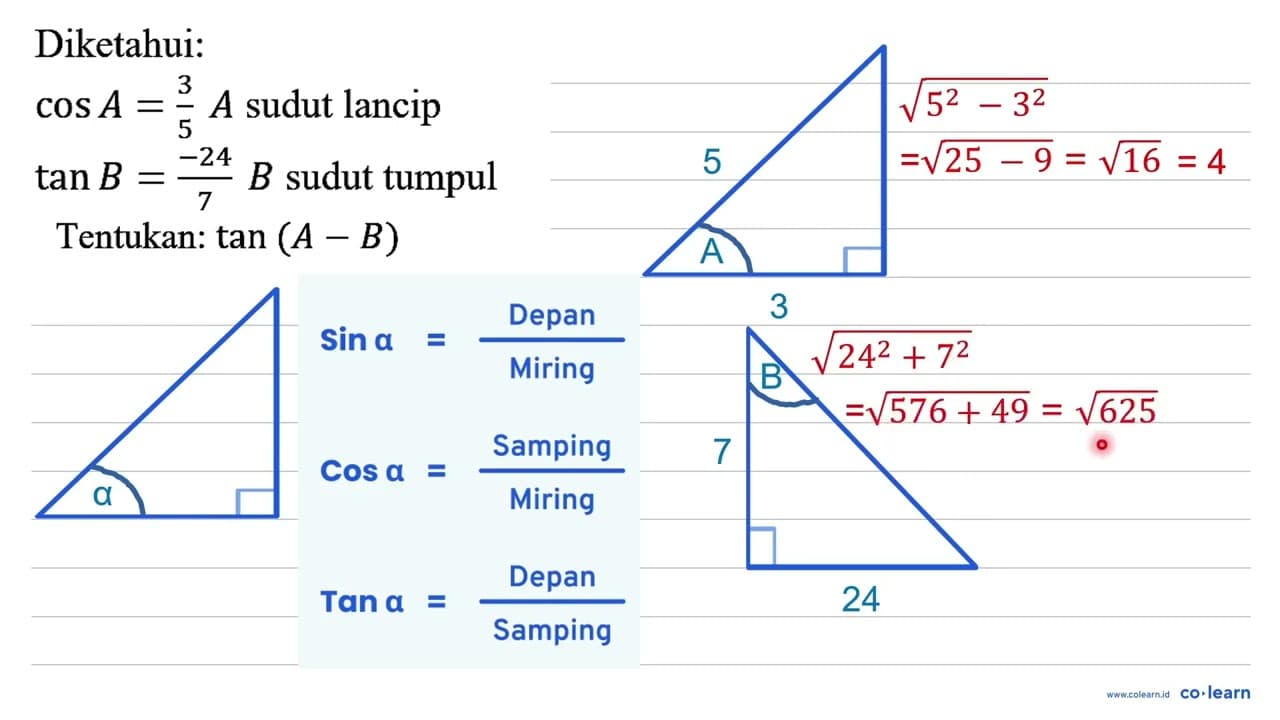 Diketahui: cos A=3/5 A sudut lancip tan B=(-24)/7 B sudut