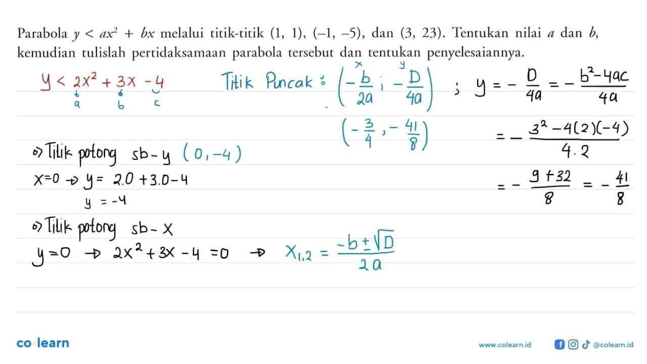 Parabola Y<ax^2+bx melalui titik-titik (1,1),(-1,-5) dan