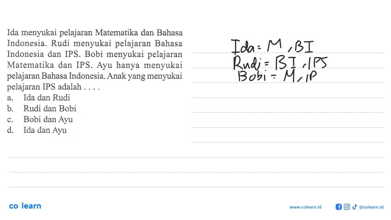 Ida menyukai pelajaran Matematika dan Bahasa Indonesia.