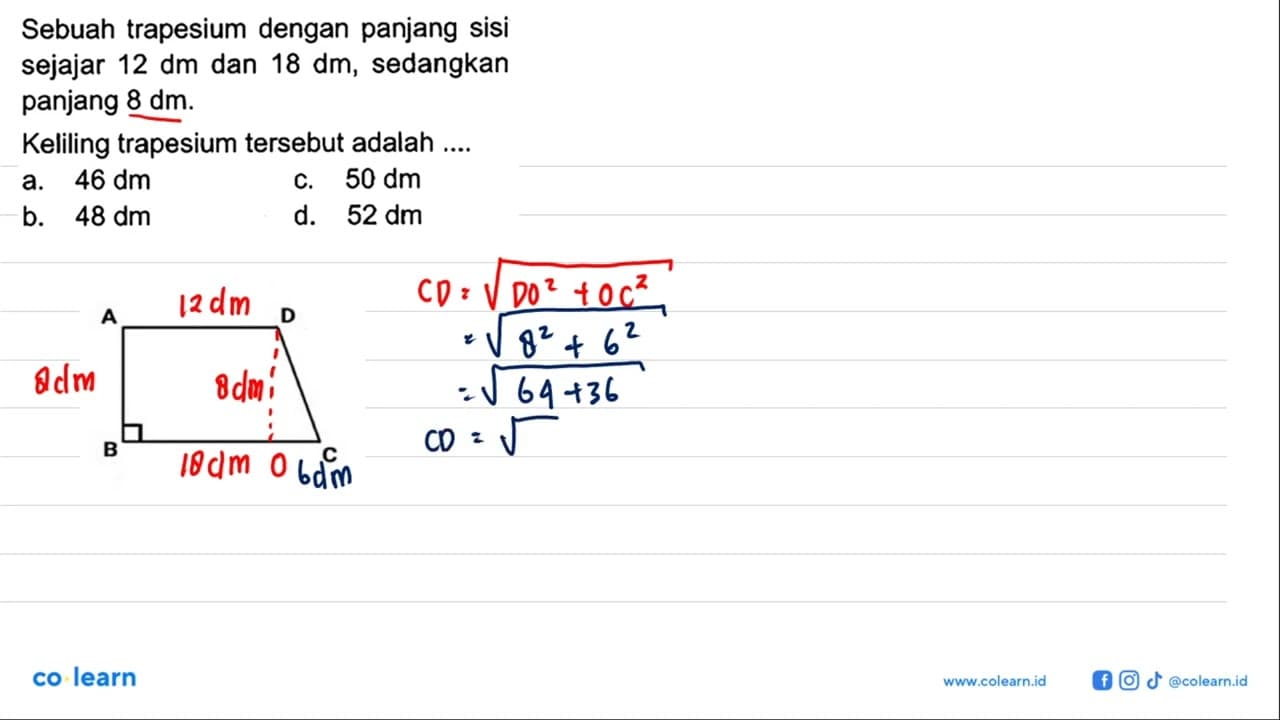 Sebuah trapesium dengan panjang sisi sejajar 12 dm dan 18