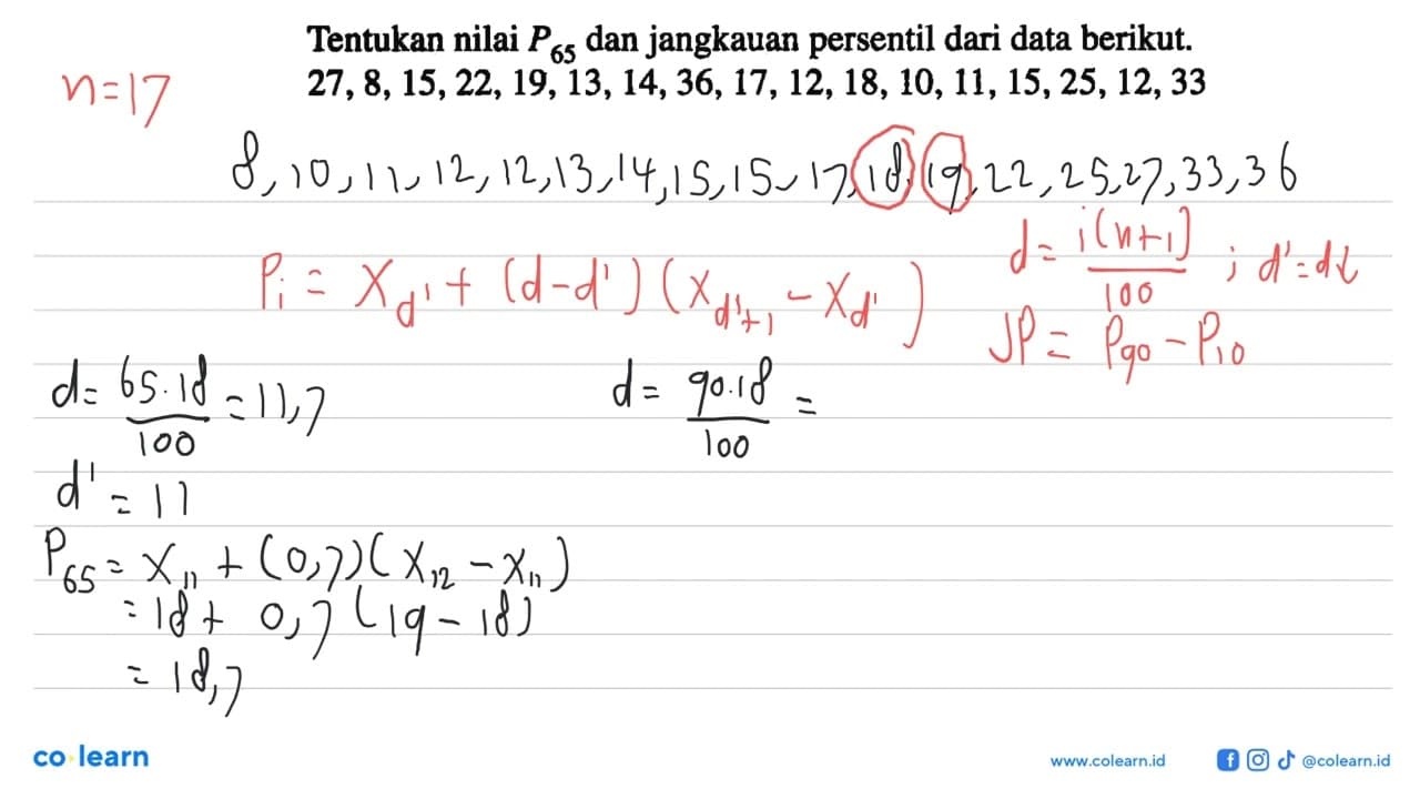 Tentukan nilai P65 dan jangkauan persentil dari data