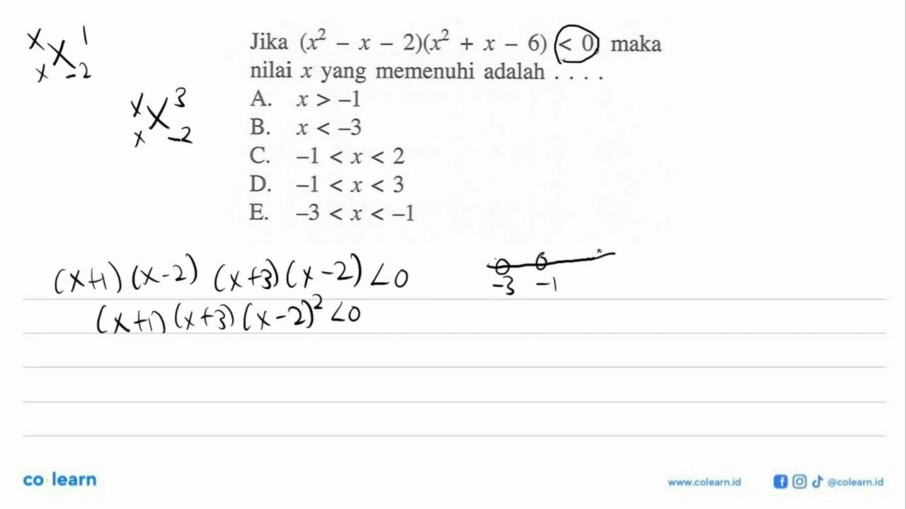 Jika (x^2-x-2)(x^2+x-6) < 0, maka nilai x yang memenuhi