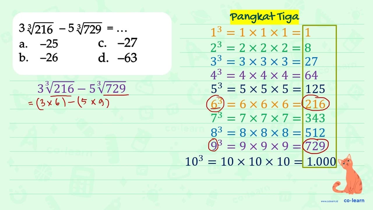 3 (216)^(1/3) - 5 (729)^(1/3) = ....