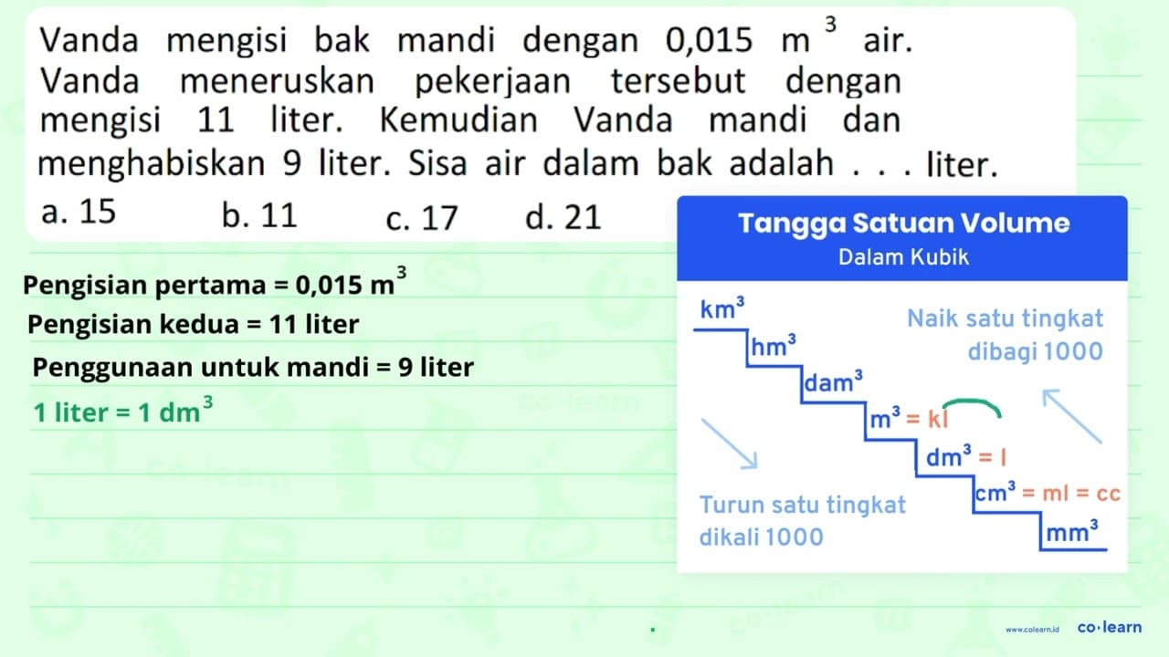 Vanda mengisi bak mandi dengan 0,015 m^(3) air. Vanda