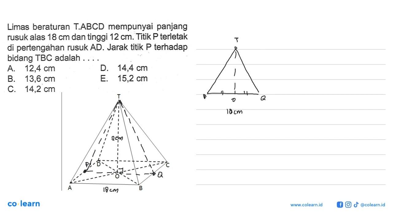 Limas beraturan T.ABCD mempunyai panjang rusuk alas 18 cm