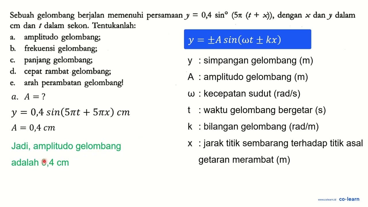 Sebuah gelombang berjalan memenuhi persamaan y = 0,4 sin (5