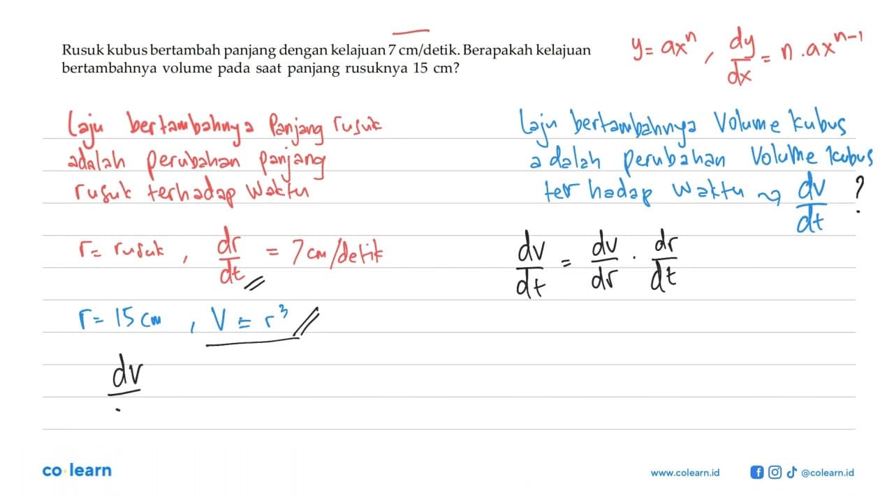 Rusuk kubus bertambah panjang dengan kelajuan 7 cm/detik.