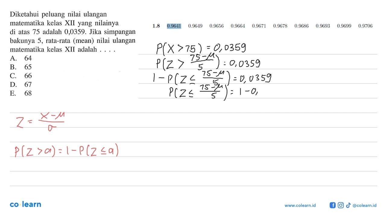 Diketahui peluang nilai ulangan matematika kelas XII yang