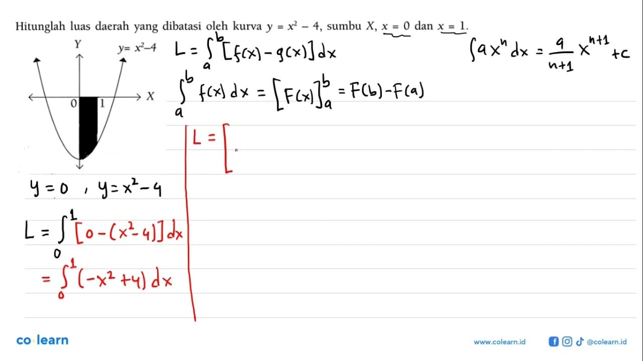 Hitunglah luas daerah yang dibatasi oleh kurva y=x^2-4,