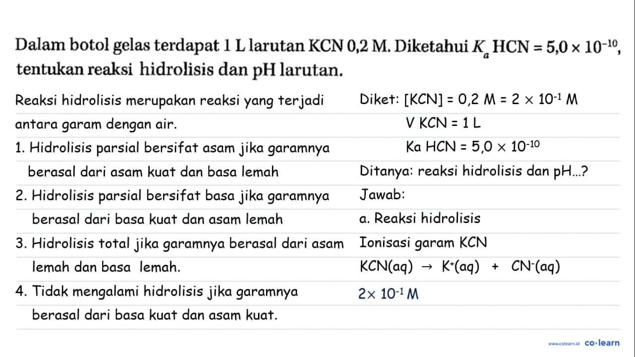 Dalam botol gelas terdapat 1 L larutan KCN 0,2 M. Diketahui