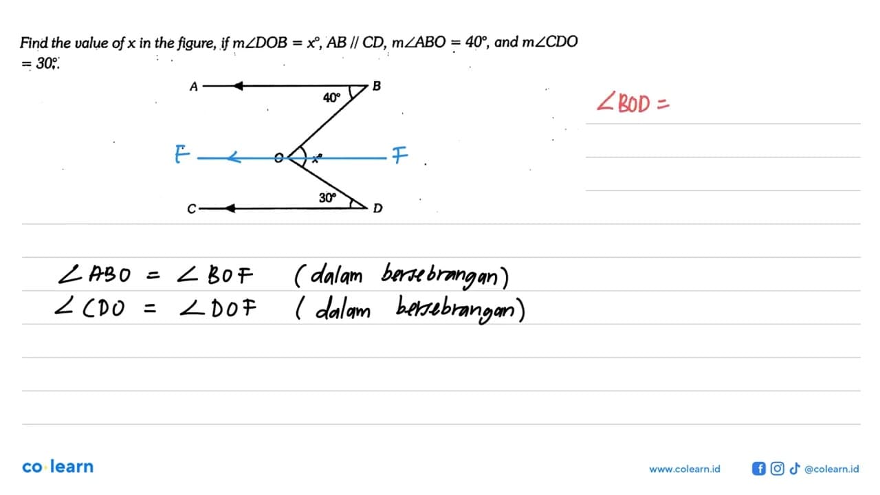 Find the value of x in the figure, if m sudut DO B=x, AB//