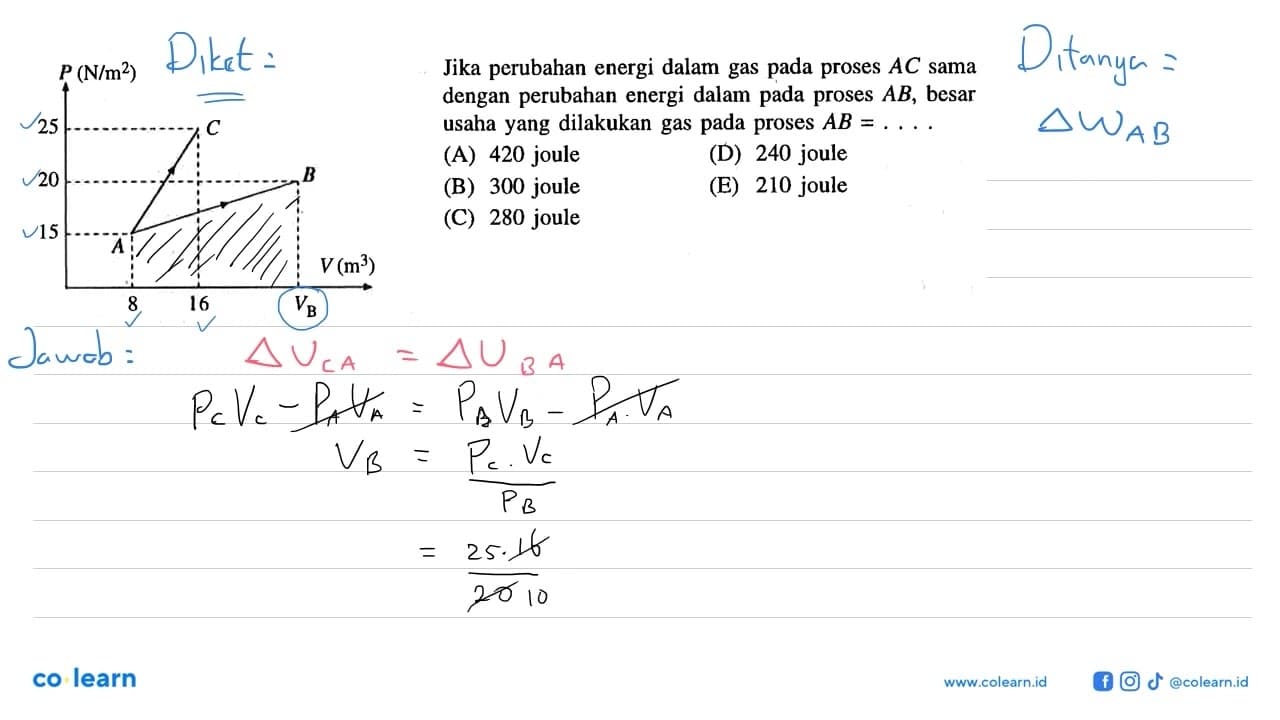 P(N/m)^225 20 15 C A B 8 16 VB V(m^3)Jika perubahan energi