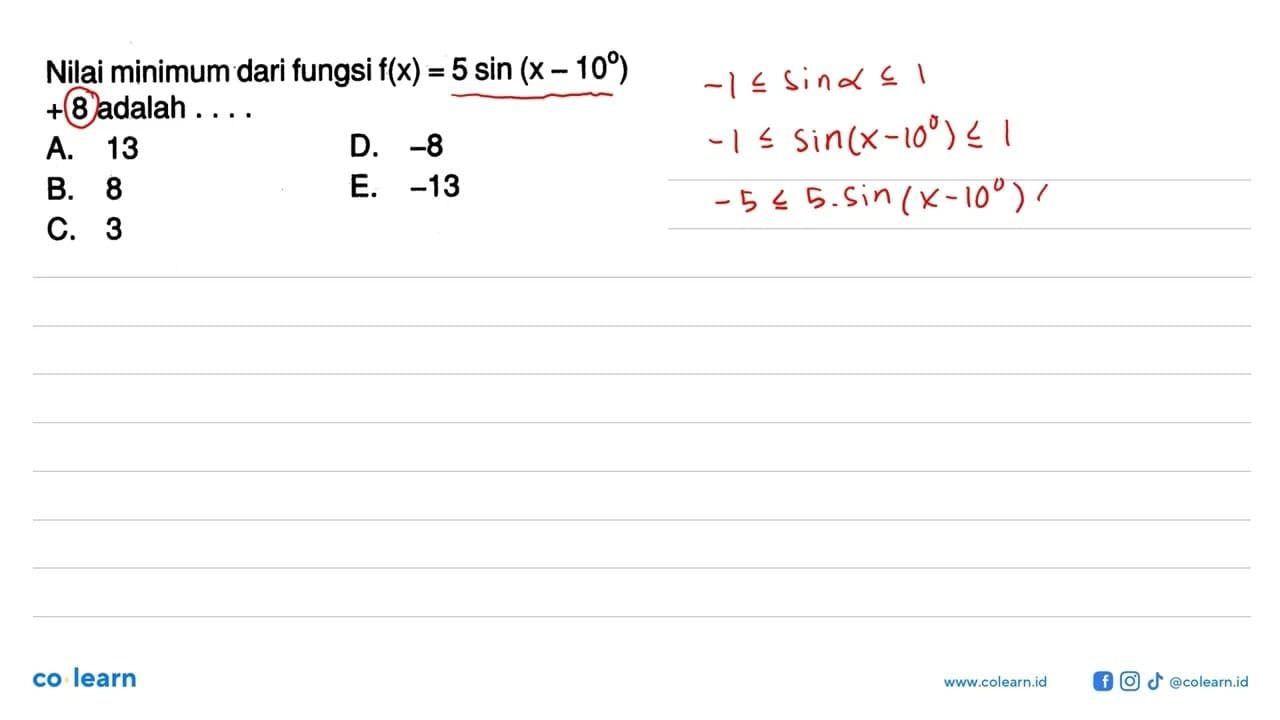 Nilai minimum dari fungsi f(x)=5 sin(x-10)+8 adalah ....