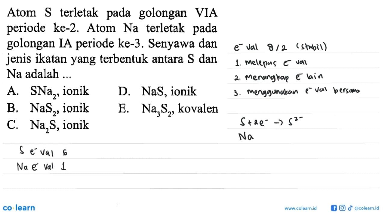 Atom S terletak pada golongan VIA periode ke-2. Atom Na