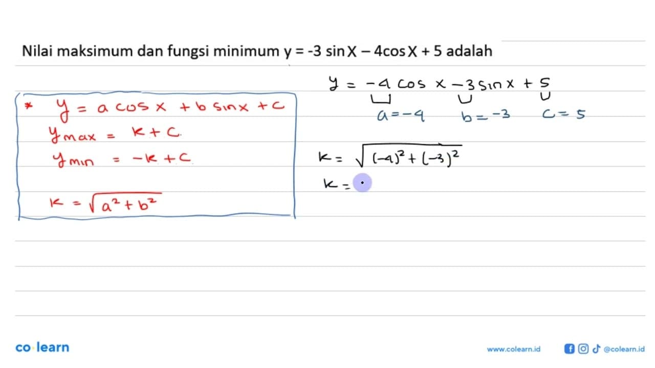 Nilai maksimum dan fungsi minimum y=-3 sin X - 4cosX+5