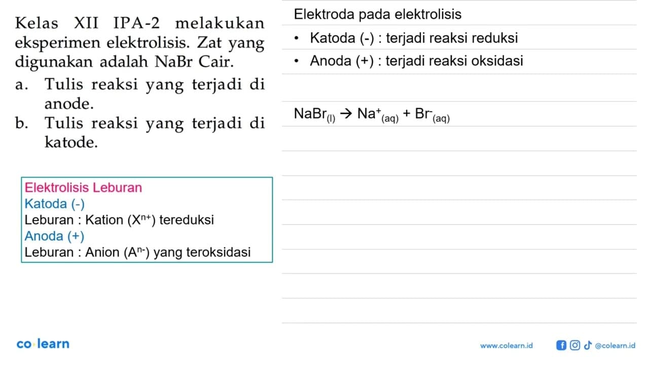 Kelas XII IPA-2 melakukan eksperimen elektrolisis. Zat yang