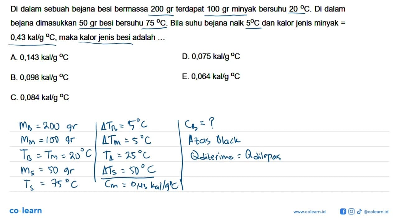 Di dalam sebuah bejana besi bermassa 200 gr terdapat 100 gr