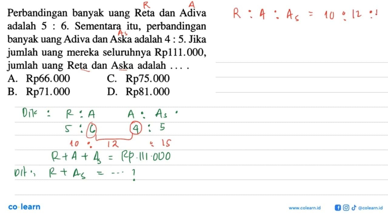 Perbandingan banyak uang Reta dan Adiva adalah 5:6.