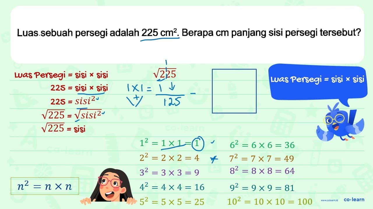 Luas.sebuah persegi adalah 225 cm^(2) . Berapa cm panjang