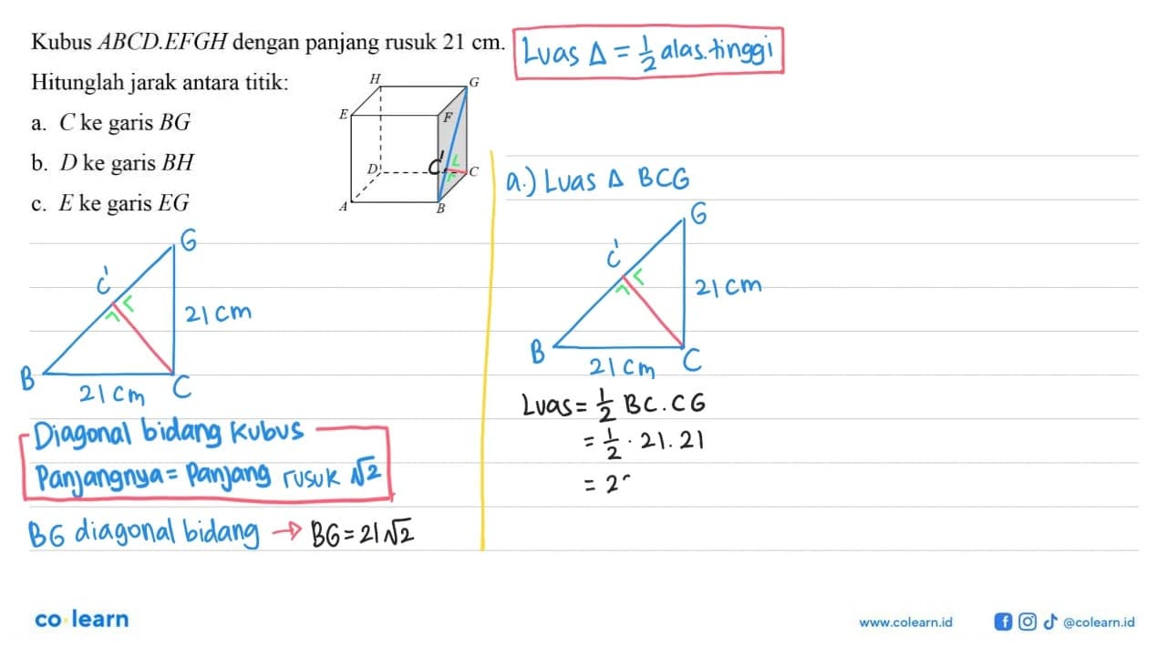 Kubus ABCD.EFGH dengan panjang rusuk 21 cm. Hitunglah jarak