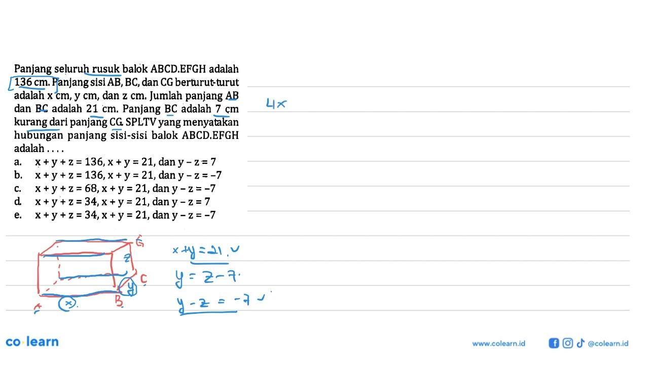 Panjang seluruh rusuk balok ABCD.EFGH adalah 136 cm.