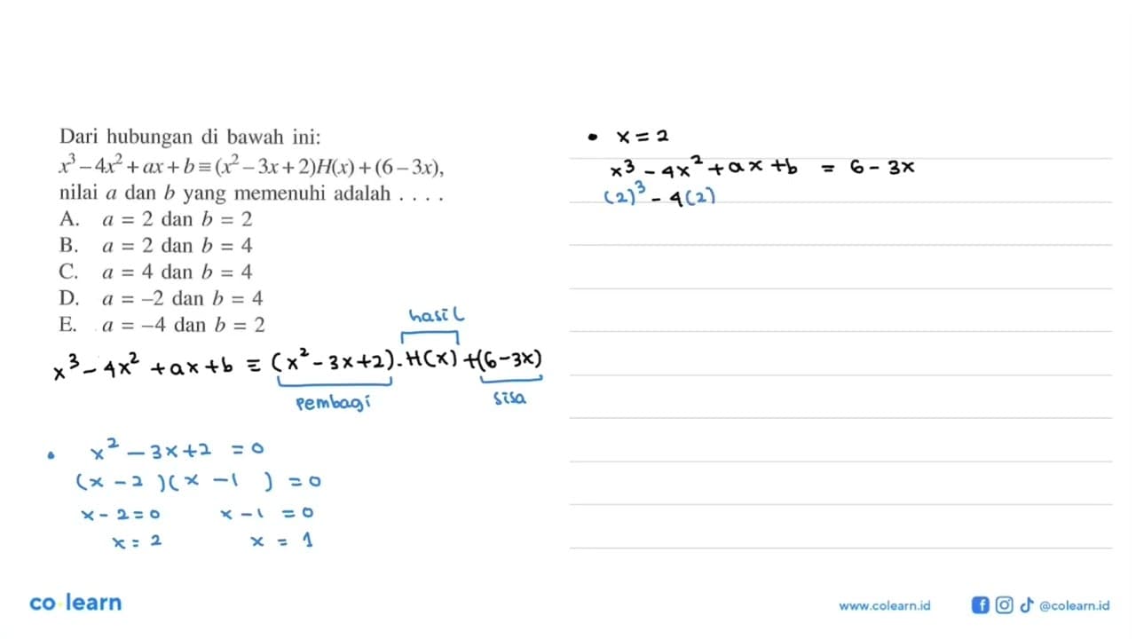 Dari hubungan di bawah ini: x^3+4x^2+ax+b =