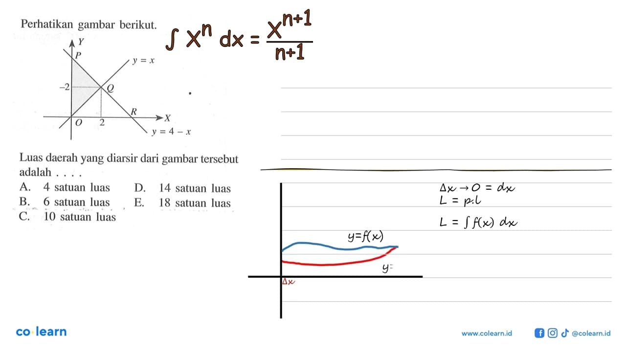 Perhatikan gambar berikut. Y P y=x -2 Q 0 2 R y=4-x Luas