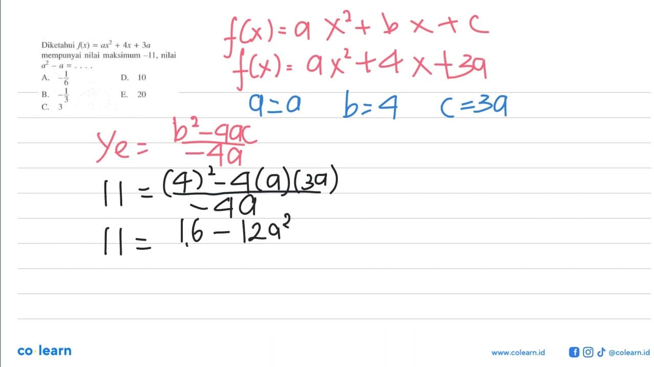 Diketahui f(x)=a x^2+4 x+3 a mempunyai nilai maksimum - 11,