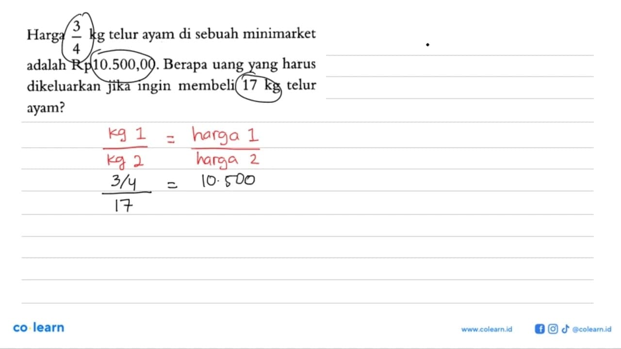 Harga 3/4 kg telur ayam di sebuah minimarket adalah