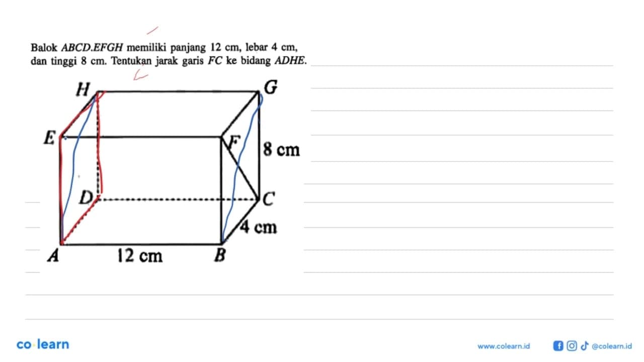 Balok ABCD.EFGH memiliki panjang 12 cm, lebar 4 cm, dan