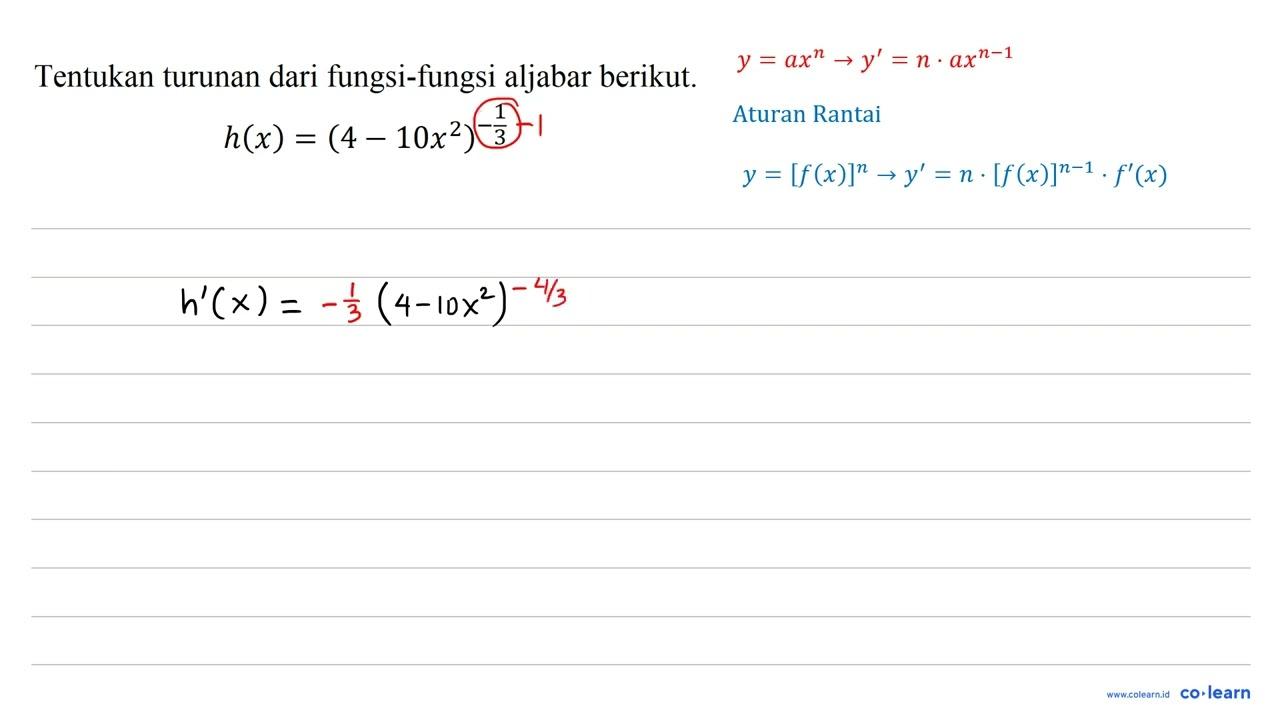 Tentukan turunan dari fungsi-fungsi aljabar berikut.