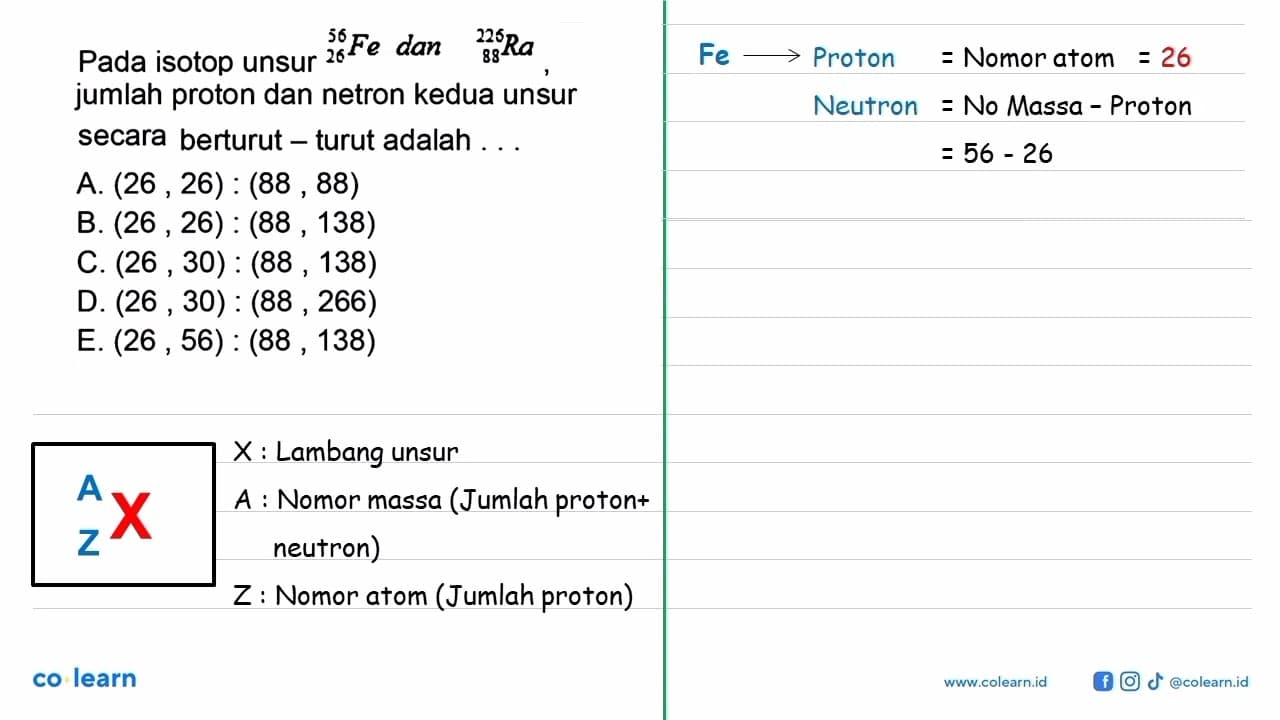 Pada isotop unsur 56 26 Fe dan 225 88 Ra jumlah proton dan