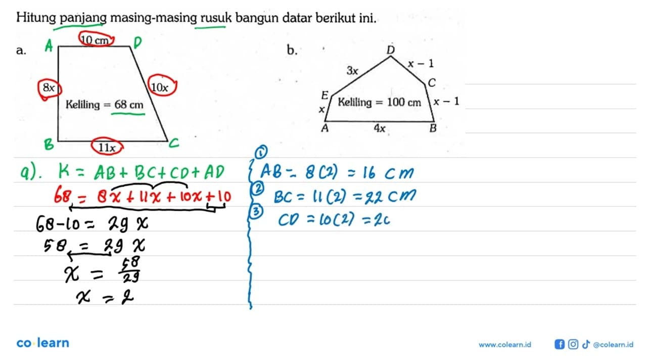 Hitung panjang masing-masing rusuk bangun datar berikut