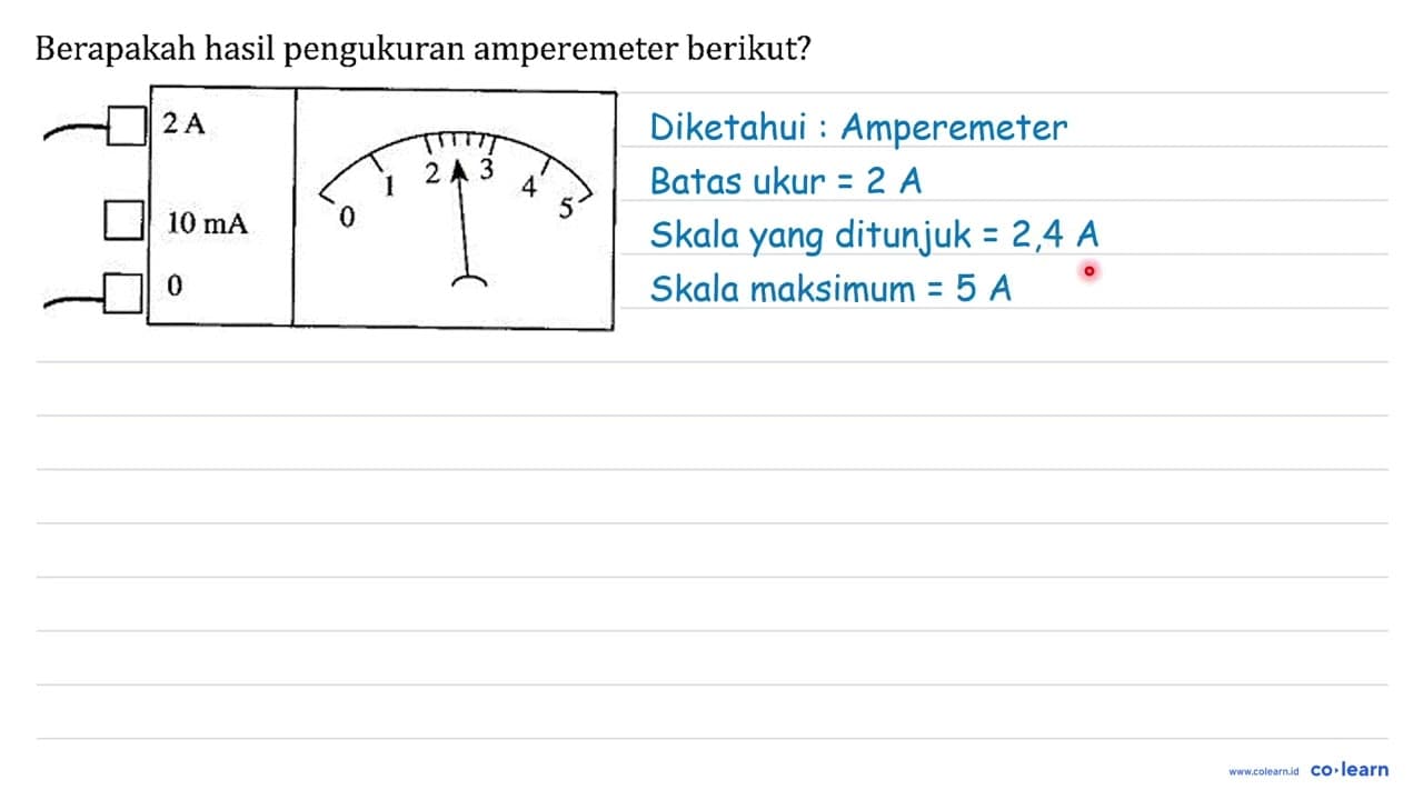 Berapakah hasil pengukuran amperemeter berikut?