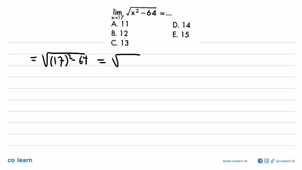 limit x->17 akar(x^2-64)=...