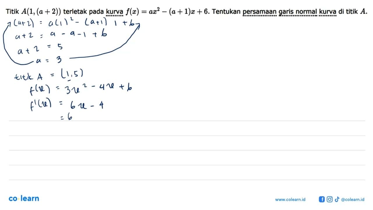 Titik A(1,(a+2)) terletak pada kurva f(x)=ax^2-(a+1)x+6.