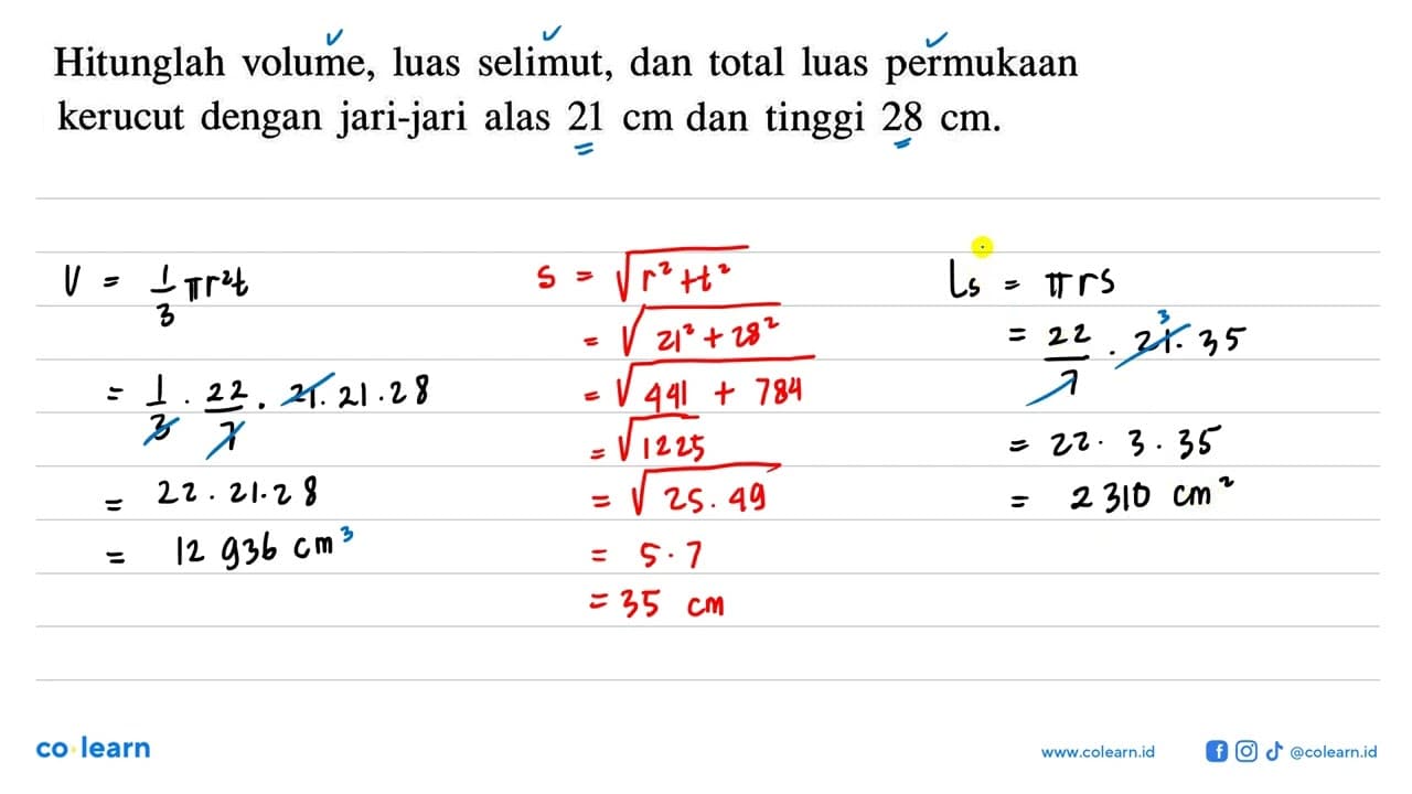 Hitunglah volume, luas selimut, dan total luas permukaan