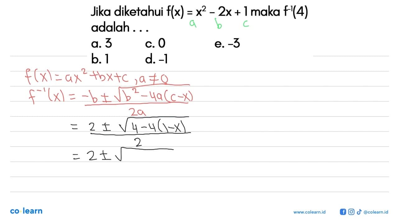 Jika diketahui f(x)=x^2-2x+1 maka f^-1(4) adalah....