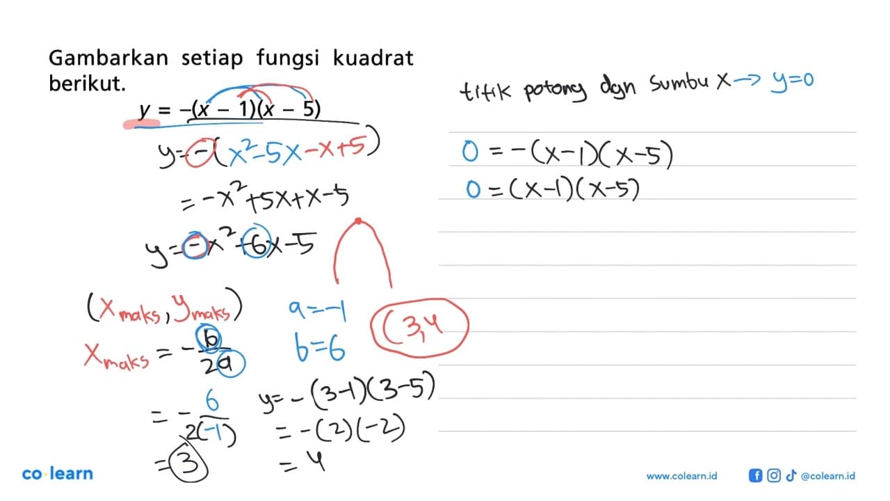 Gambarkan setiap fungsi kuadrat berikut. y=-(x-1)(x-5)