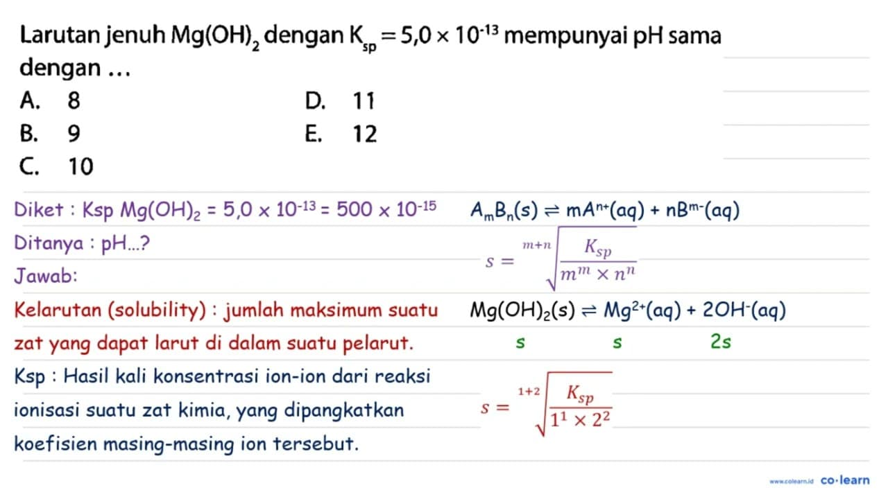 Larutan jenuh Mg(OH)2 dengan Ksp=5,0 x 10^-13 mempunyai pH